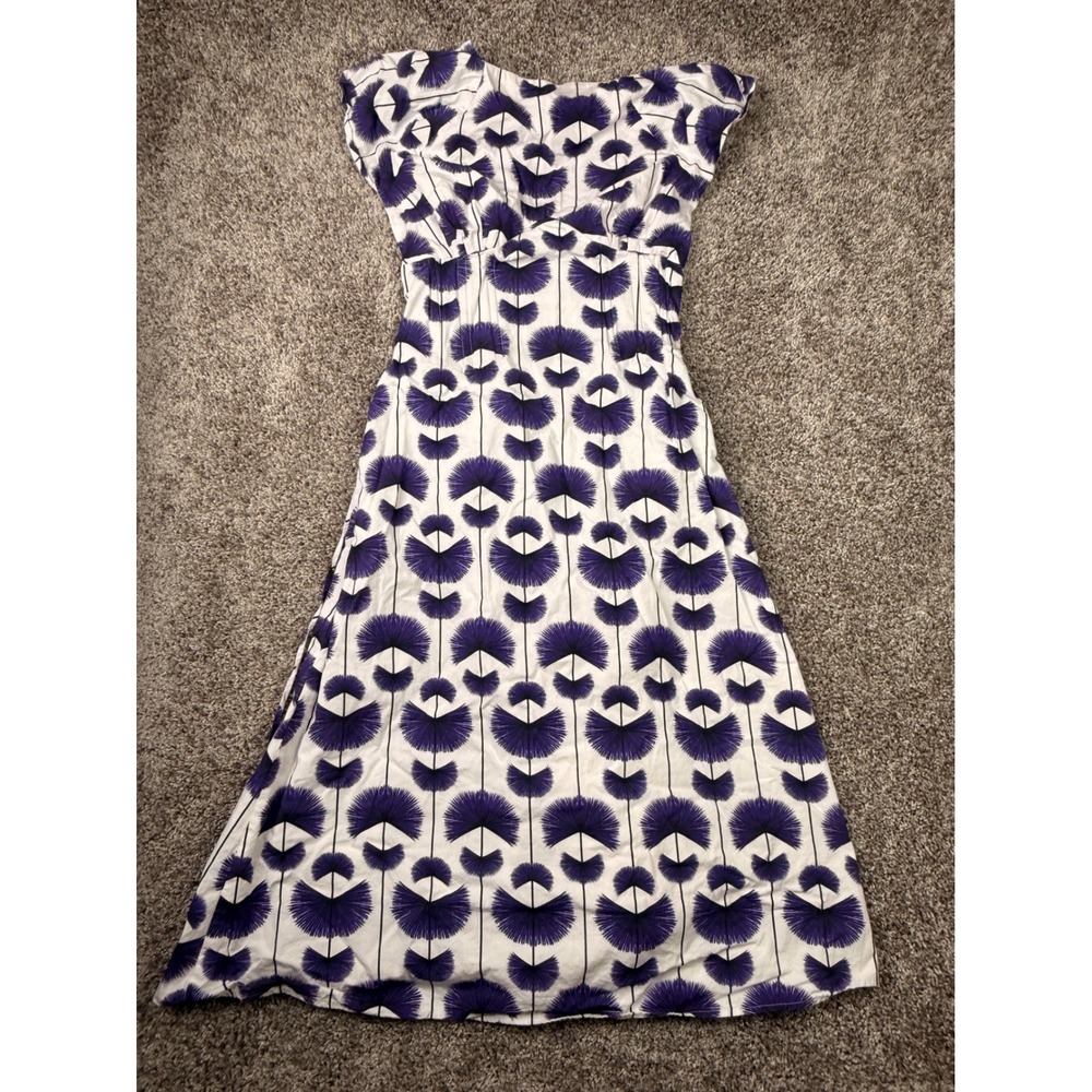 Purple White Floral Fan Print Midi Dress Cap Sleeve Lace Up Back Boning 1057